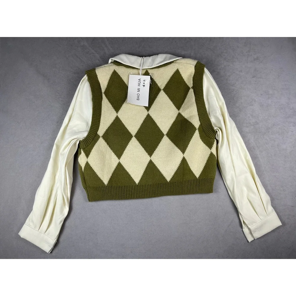 Bao Mi Hua Argyle Knit Cropped Cardigan Vest‎ & White Shirt Set Green Cream NEW